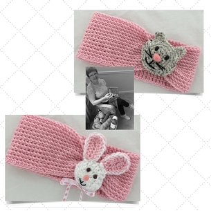 Finished Crochet Head Band with Cat and Rabbit Applique Pins Interchangeable Gift For Little Girl