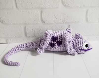 The Cheerful Chameleon Clyde Crochet Pattern in Purple with #ENDALZ Logo 