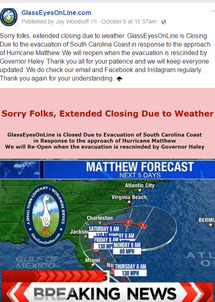 Facebook and Instagram Notice of Closure of GlassEyesOnLine due to Hurricane Matthew